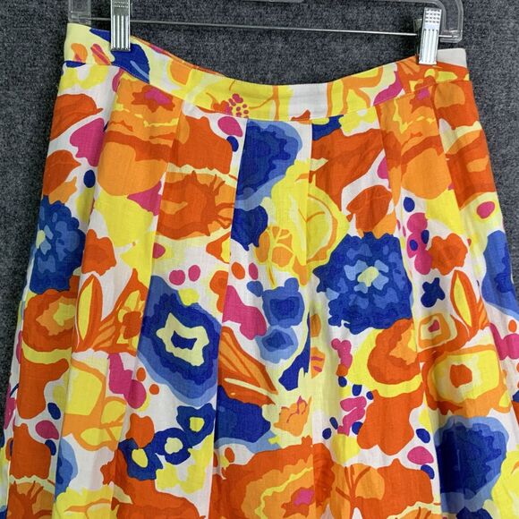 Liz Claiborne Pleated Bright Floral Skirt 100% Linen Pockets Cotton Lined Sz 10 - Picture 2 of 9